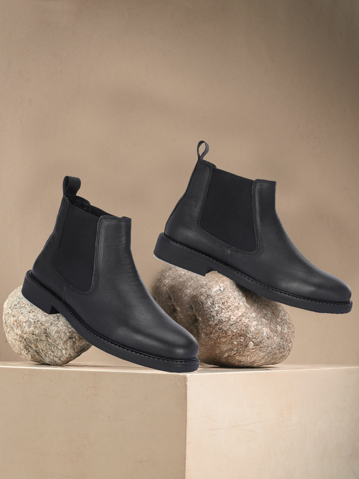 CARLO ROMANO BLACK COLOR BLACK GENUINE LEATHER SLIP-ONS ANKLE BOOT FOR MEN