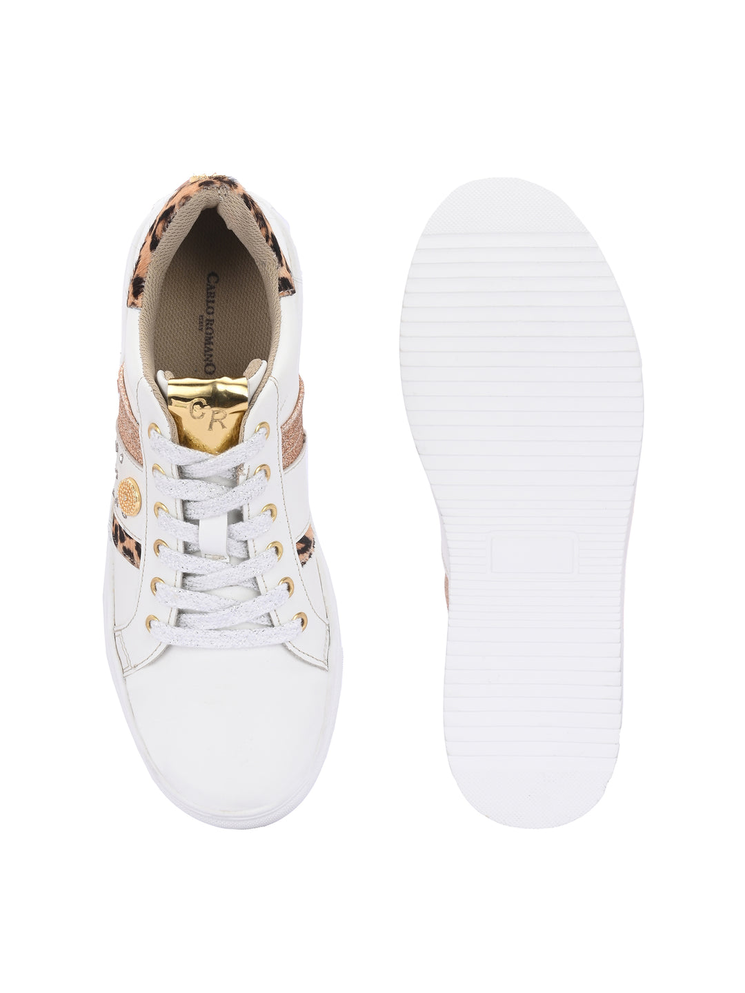 CARLO ROMANO WHITE & BEIGE COLOR STYLISH LEATHER CASUAL SNEAKER SHOE FOR WOMEN