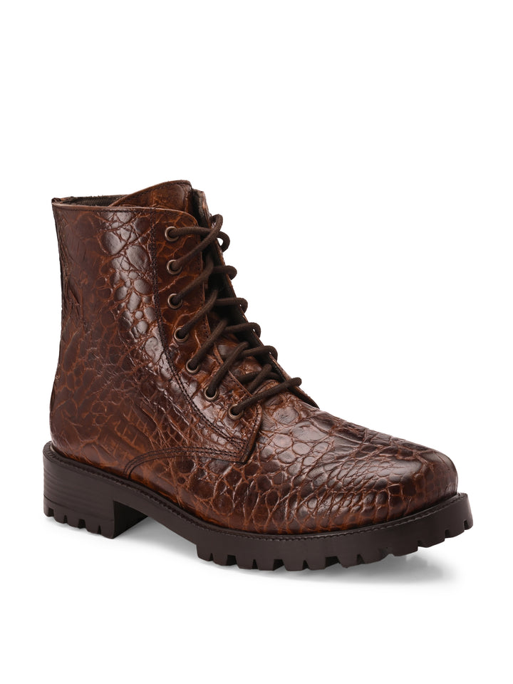 Carlo Romano brown color premium range crocodile printed leather lace up boot for women