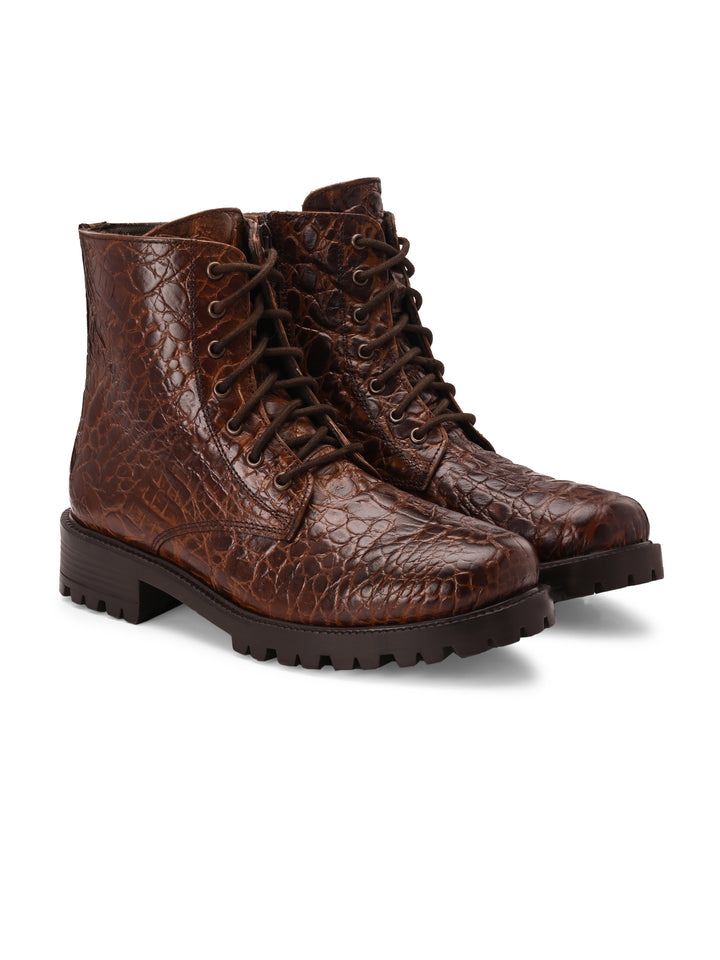 Carlo Romano brown color premium range crocodile printed leather lace up boot for women