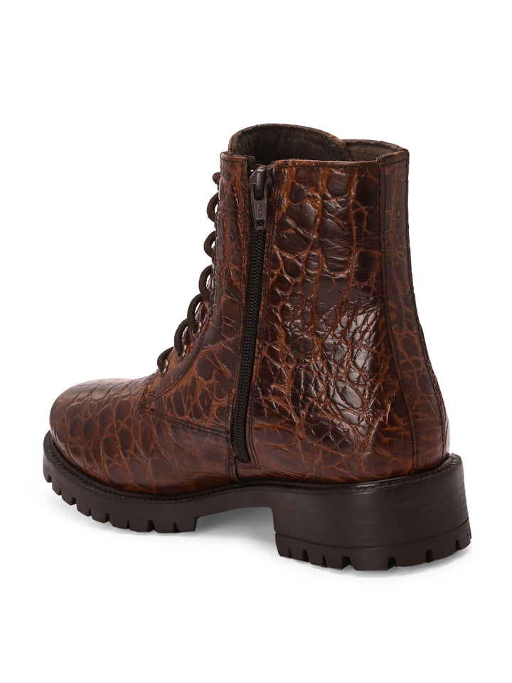 Carlo Romano brown color premium range crocodile printed leather lace up boot for women