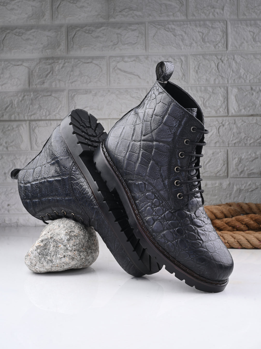 CARLO ROMANO BY WASAN BLACK GREY COLOR PREMIUM STYLISH CROCO PRINTED LEATHER BOOTS FOR MEN