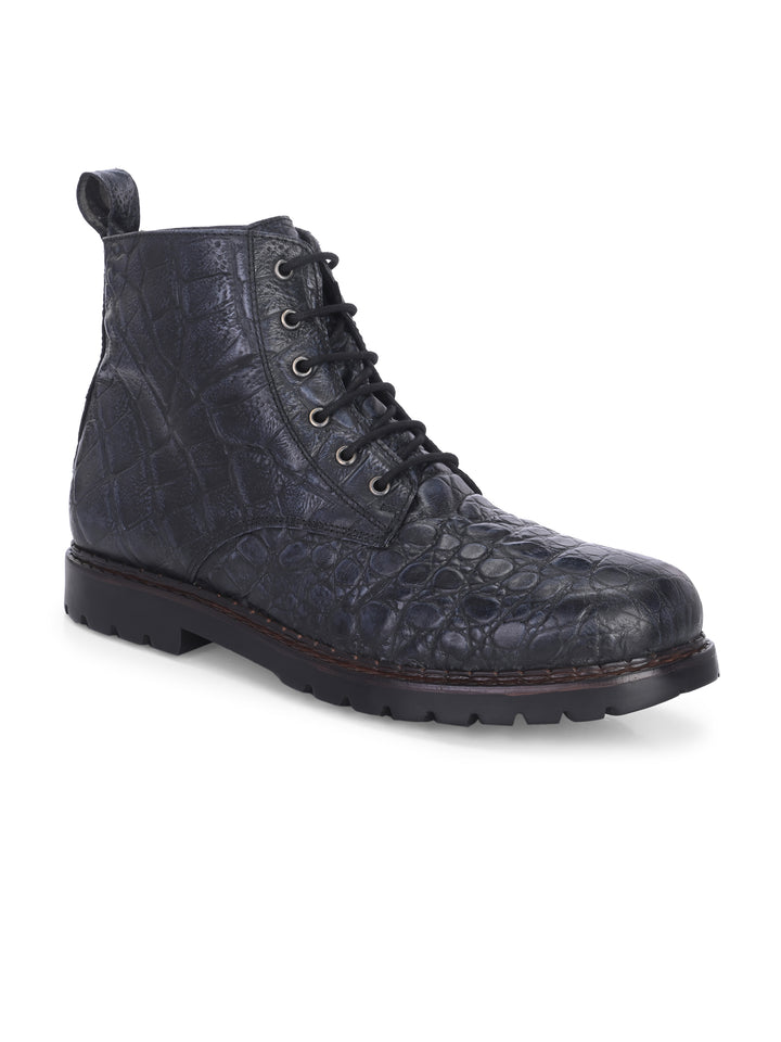 CARLO ROMANO BY WASAN BLACK GREY COLOR PREMIUM STYLISH CROCO PRINTED LEATHER BOOTS FOR MEN