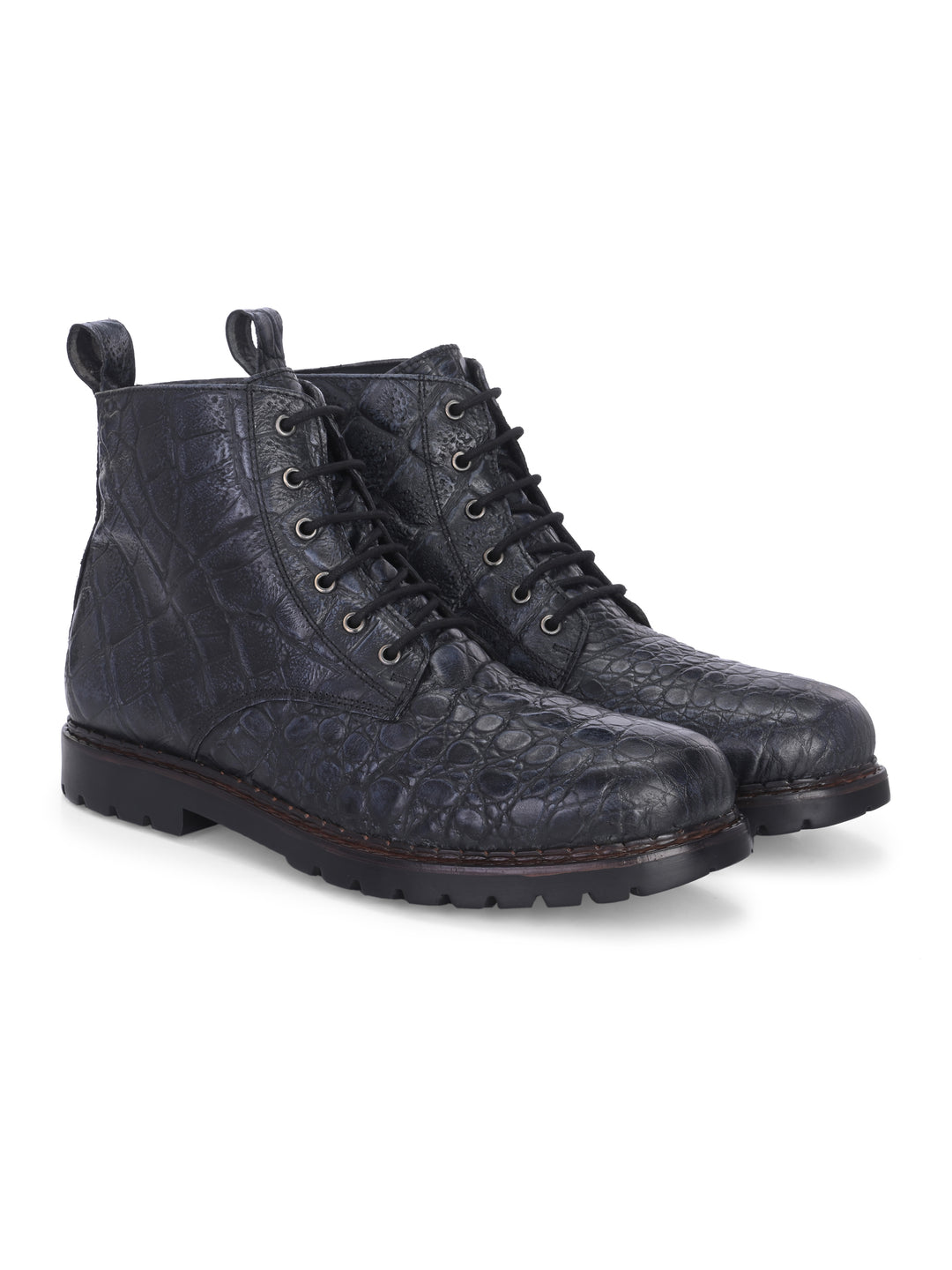 CARLO ROMANO BY WASAN BLACK GREY COLOR PREMIUM STYLISH CROCO PRINTED LEATHER BOOTS FOR MEN