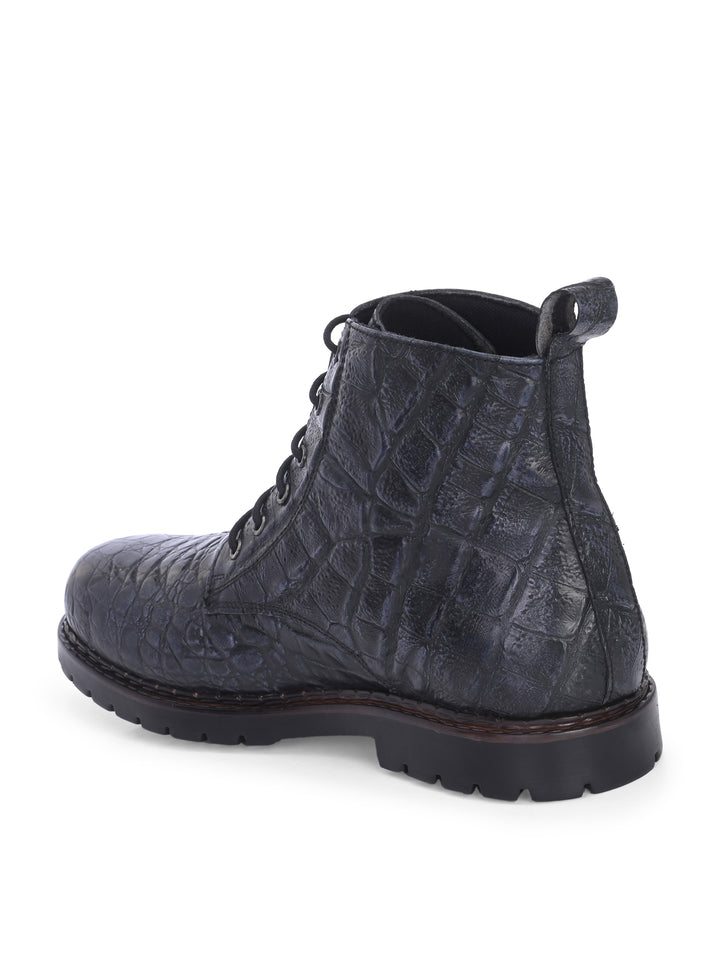CARLO ROMANO BY WASAN BLACK GREY COLOR PREMIUM STYLISH CROCO PRINTED LEATHER BOOTS FOR MEN