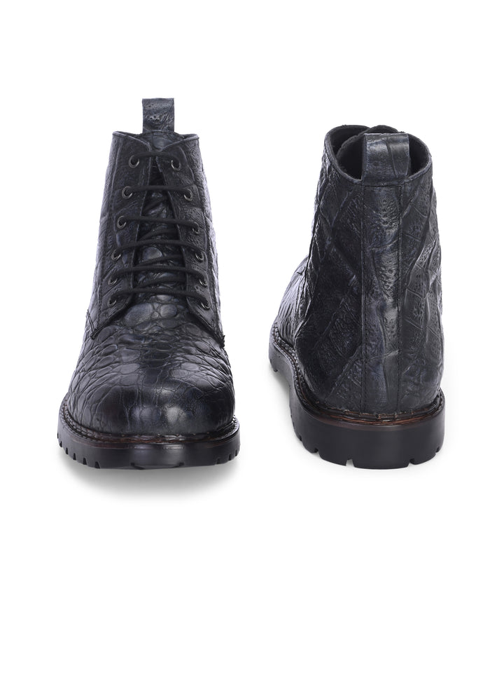 CARLO ROMANO BY WASAN BLACK GREY COLOR PREMIUM STYLISH CROCO PRINTED LEATHER BOOTS FOR MEN