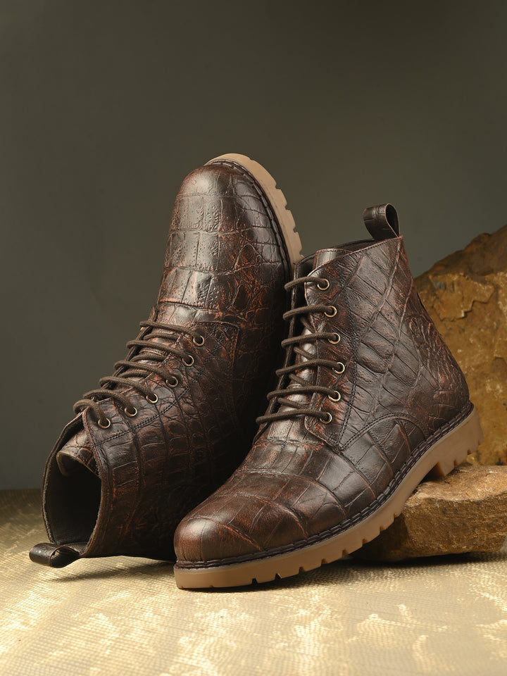 CARLO ROMANO TAN COLOR PREMIUM ITALIAN RANGE CROCO PRINTED LEATHER BOOT FOR MEN