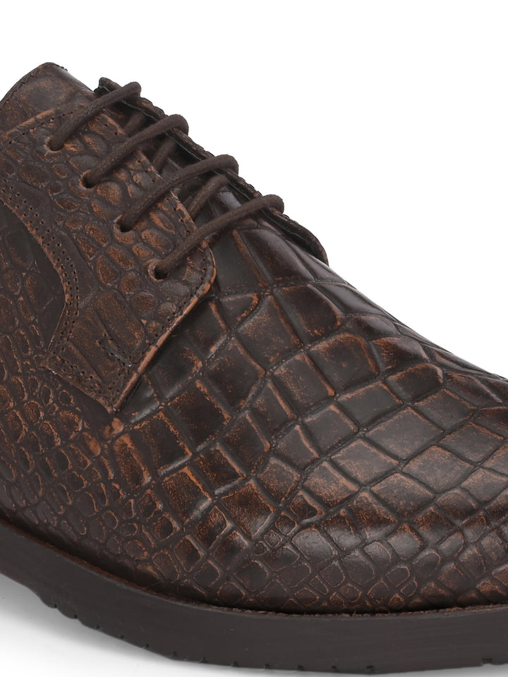 CARLO ROMANO BY WASAN TAN COLOR CROCODILE PRINTED GENUINE LEATHER FORMAL DERBY SHOES FOR MEN