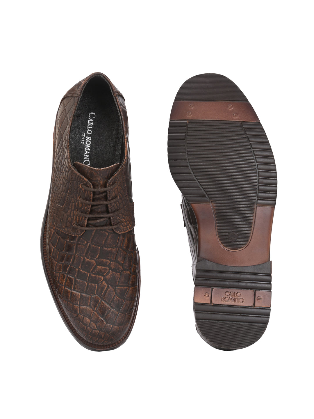 CARLO ROMANO BY WASAN TAN COLOR CROCODILE PRINTED GENUINE LEATHER FORMAL DERBY SHOES FOR MEN