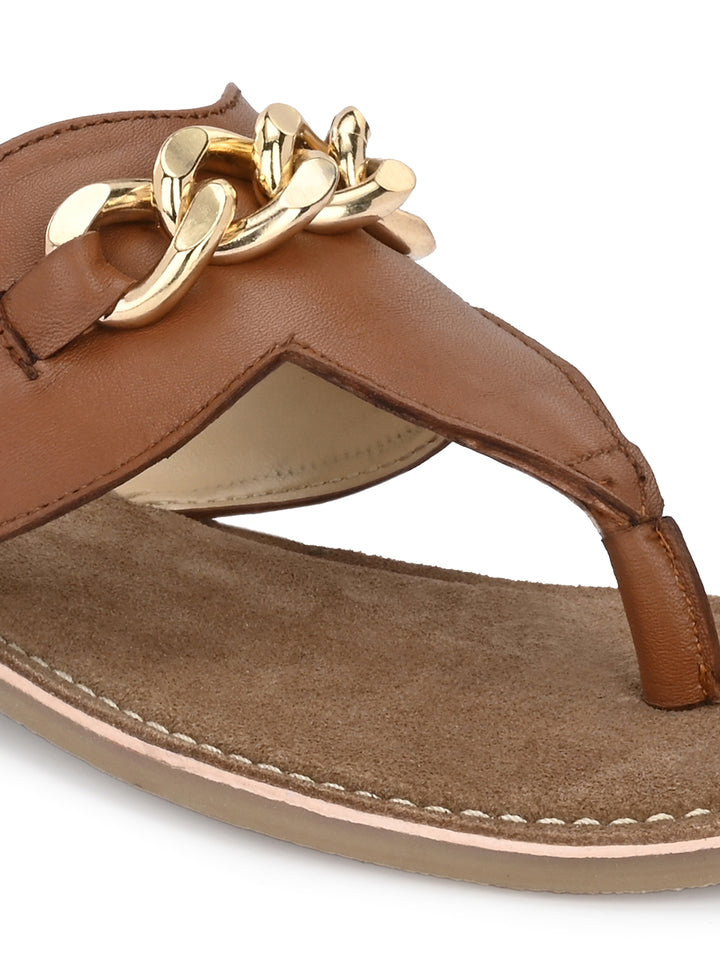 Women's Genuine Sheep Tan Flat Golden Trim Slipper