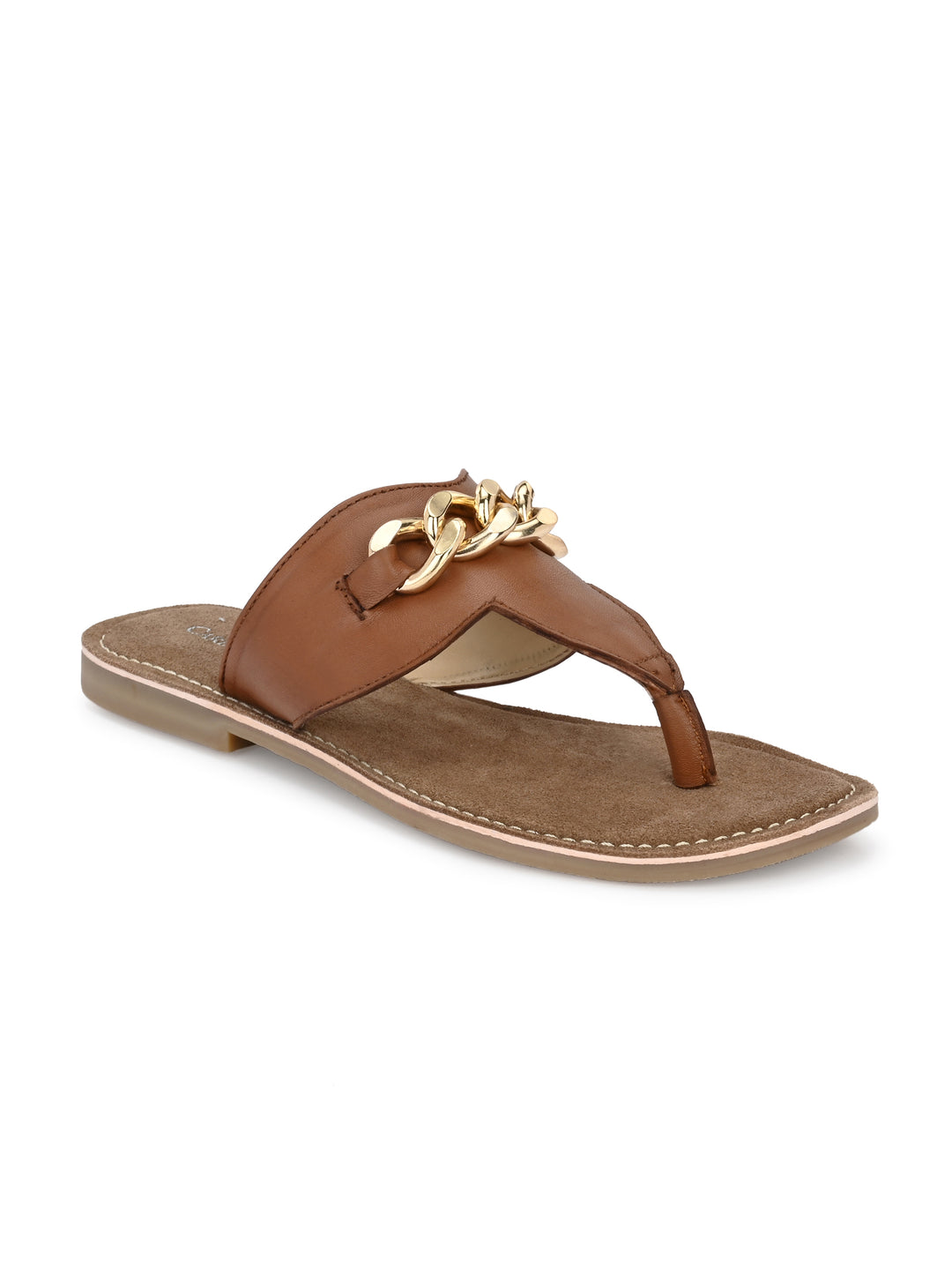 Women's Genuine Sheep Tan Flat Golden Trim Slipper