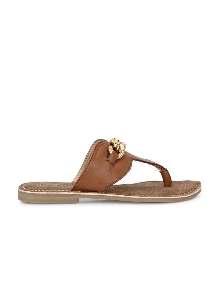 Women's Genuine Sheep Tan Flat Golden Trim Slipper