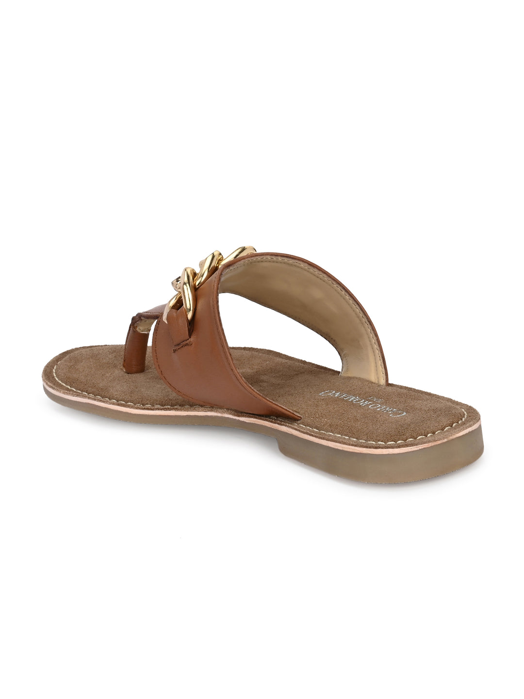 Women's Genuine Sheep Tan Flat Golden Trim Slipper