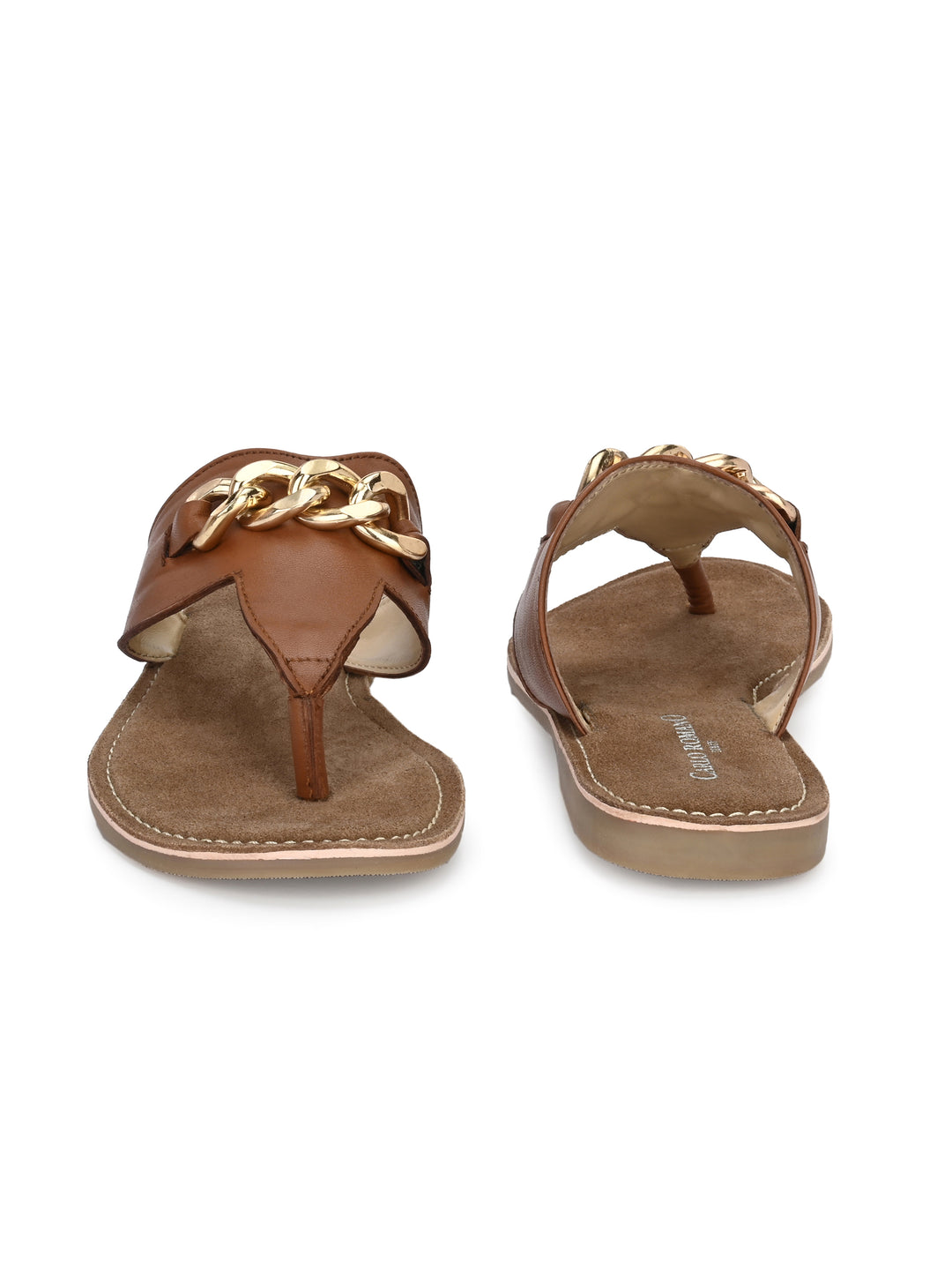 Women's Genuine Sheep Tan Flat Golden Trim Slipper