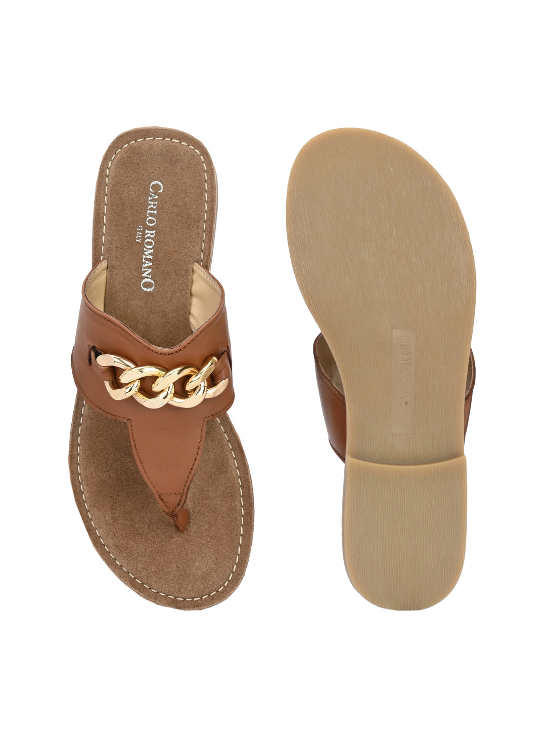 Women's Genuine Sheep Tan Flat Golden Trim Slipper