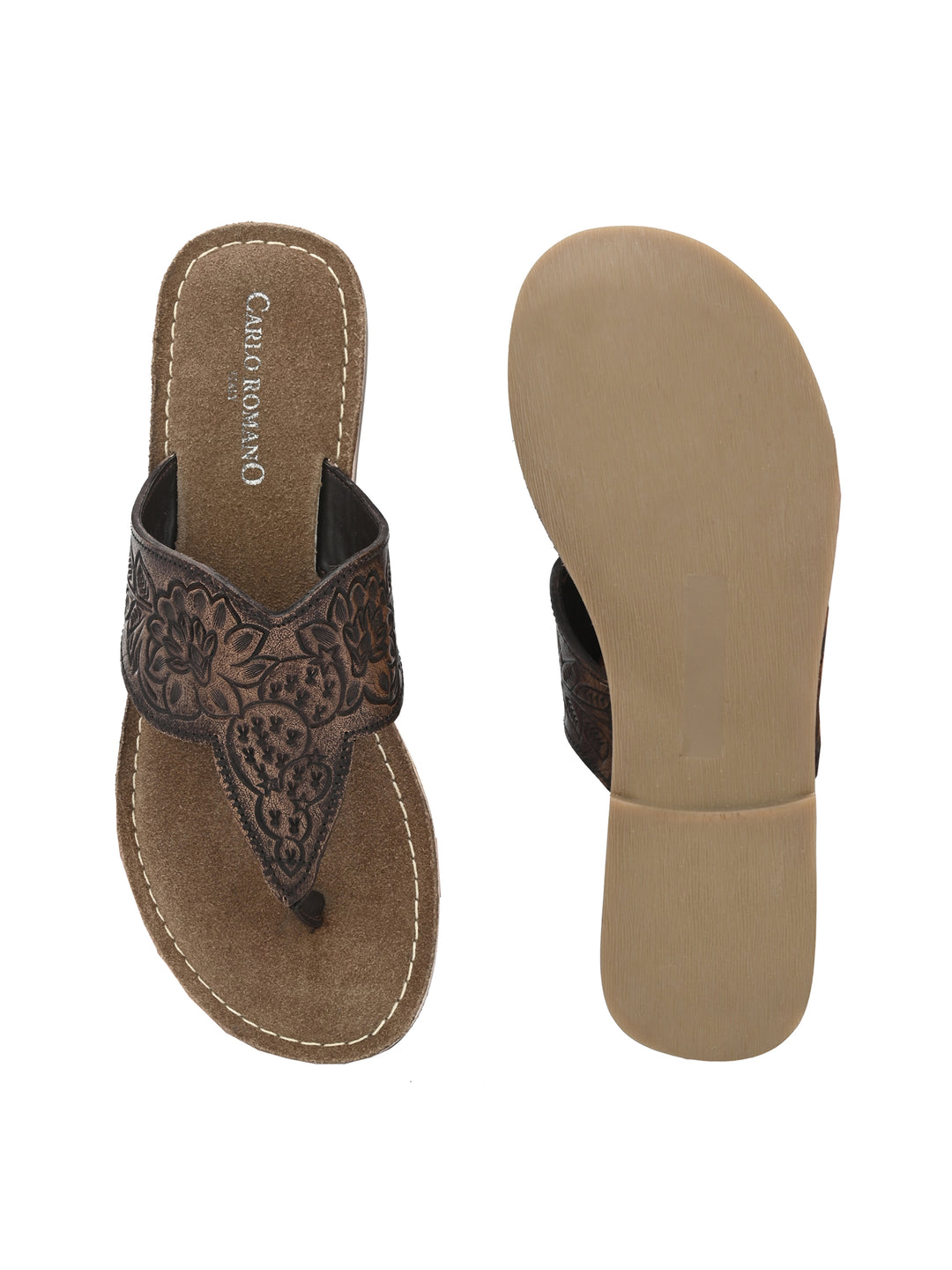 Women's Genuine Terracotta Leather Flat Tooled Slipper / Hand Tooled Collection