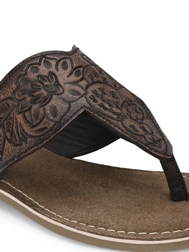 Women's Genuine Terracotta Leather Flat Tooled Slipper / Hand Tooled Collection