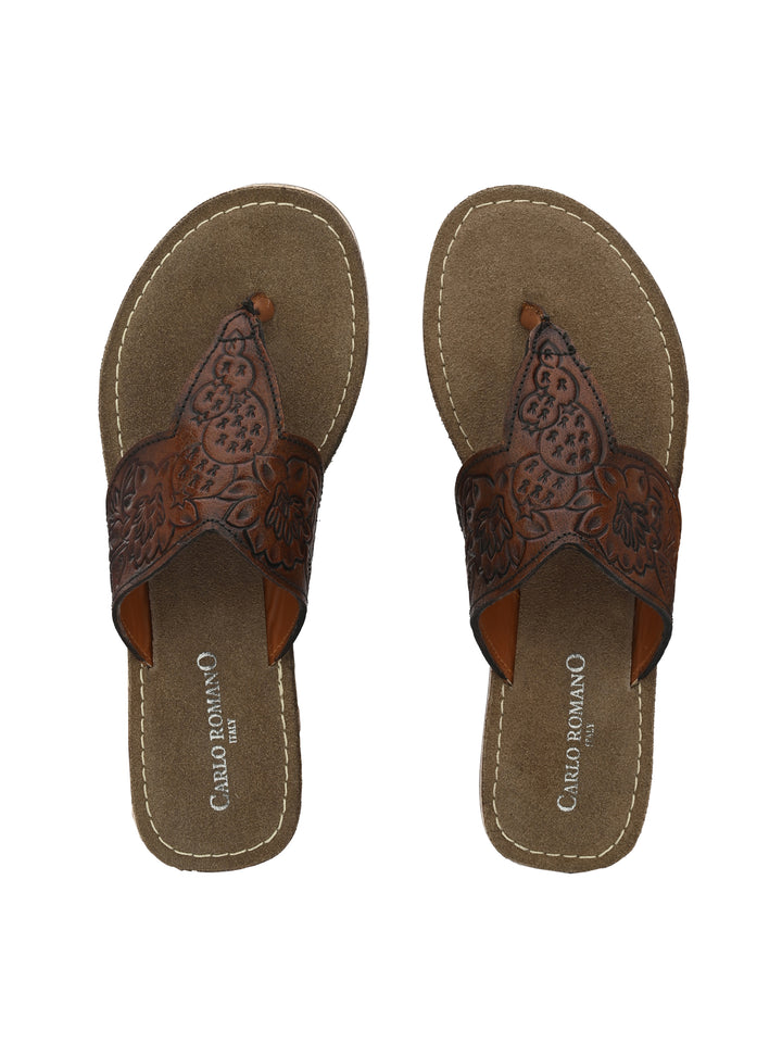 Women's Genuine Terracotta Leather Flat Tooled Slipper / Hand Tooled Collection