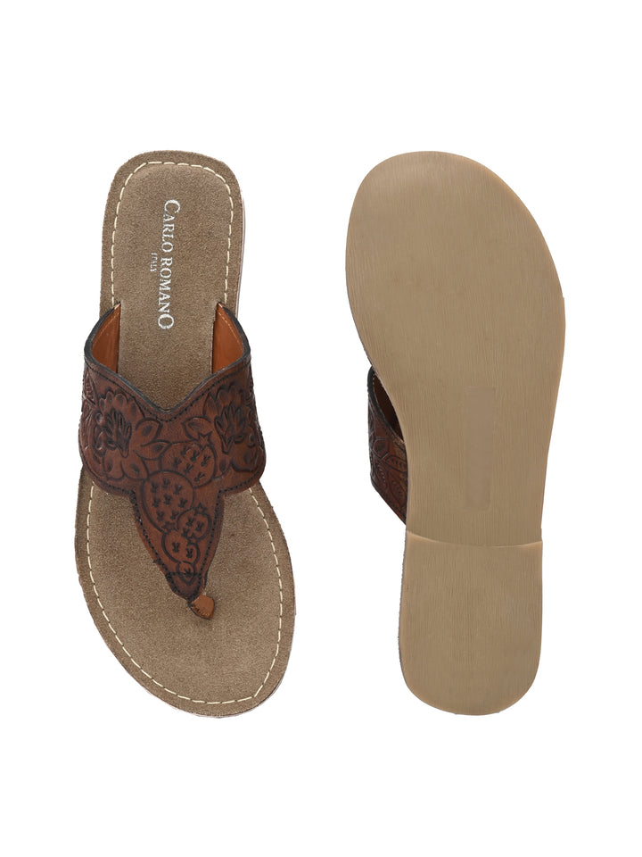 Women's Genuine Terracotta Leather Flat Tooled Slipper / Hand Tooled Collection