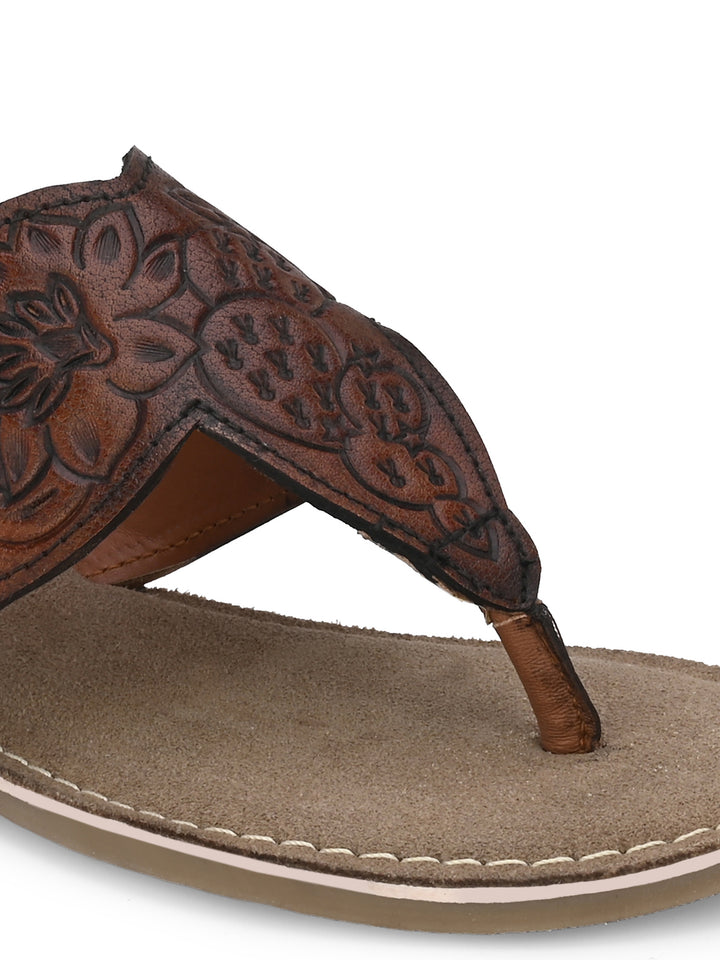 Women's Genuine Terracotta Leather Flat Tooled Slipper / Hand Tooled Collection