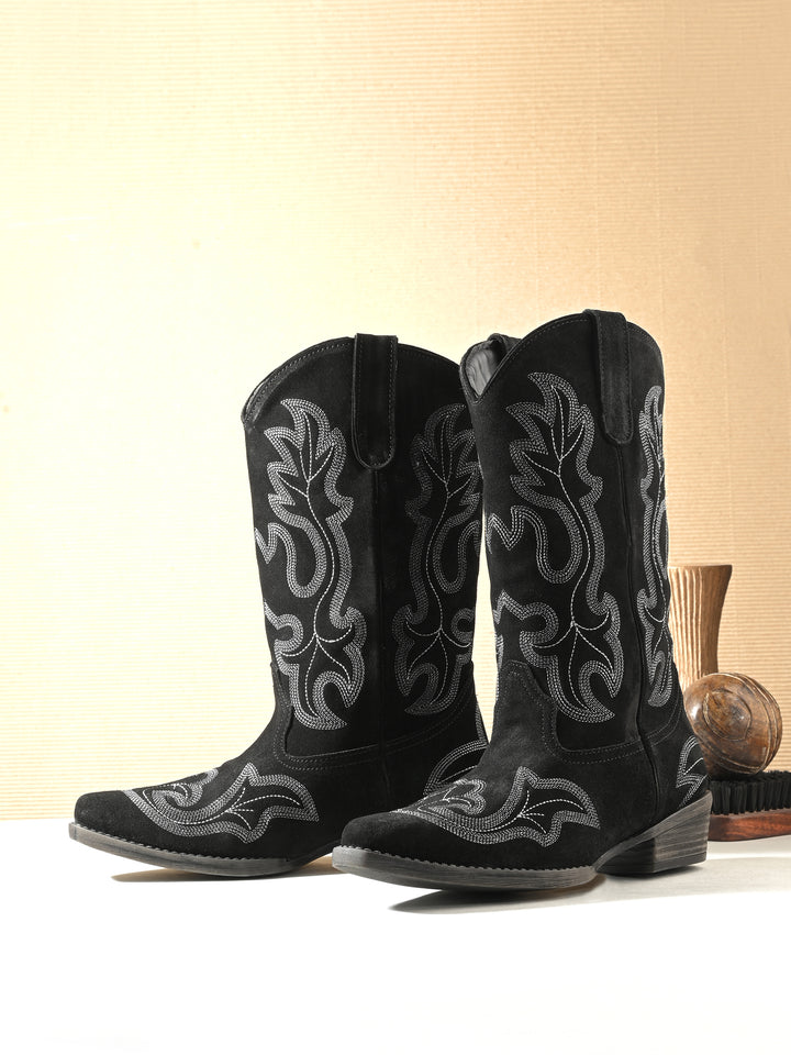 CARLO ROMANO BY WASAN  SUEDE LEATHER EMBROIDERY LONG COW BOOT FOR WOMEN