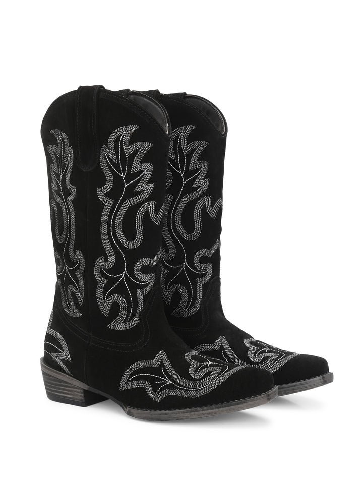 CARLO ROMANO BY WASAN  SUEDE LEATHER EMBROIDERY LONG COW BOOT FOR WOMEN