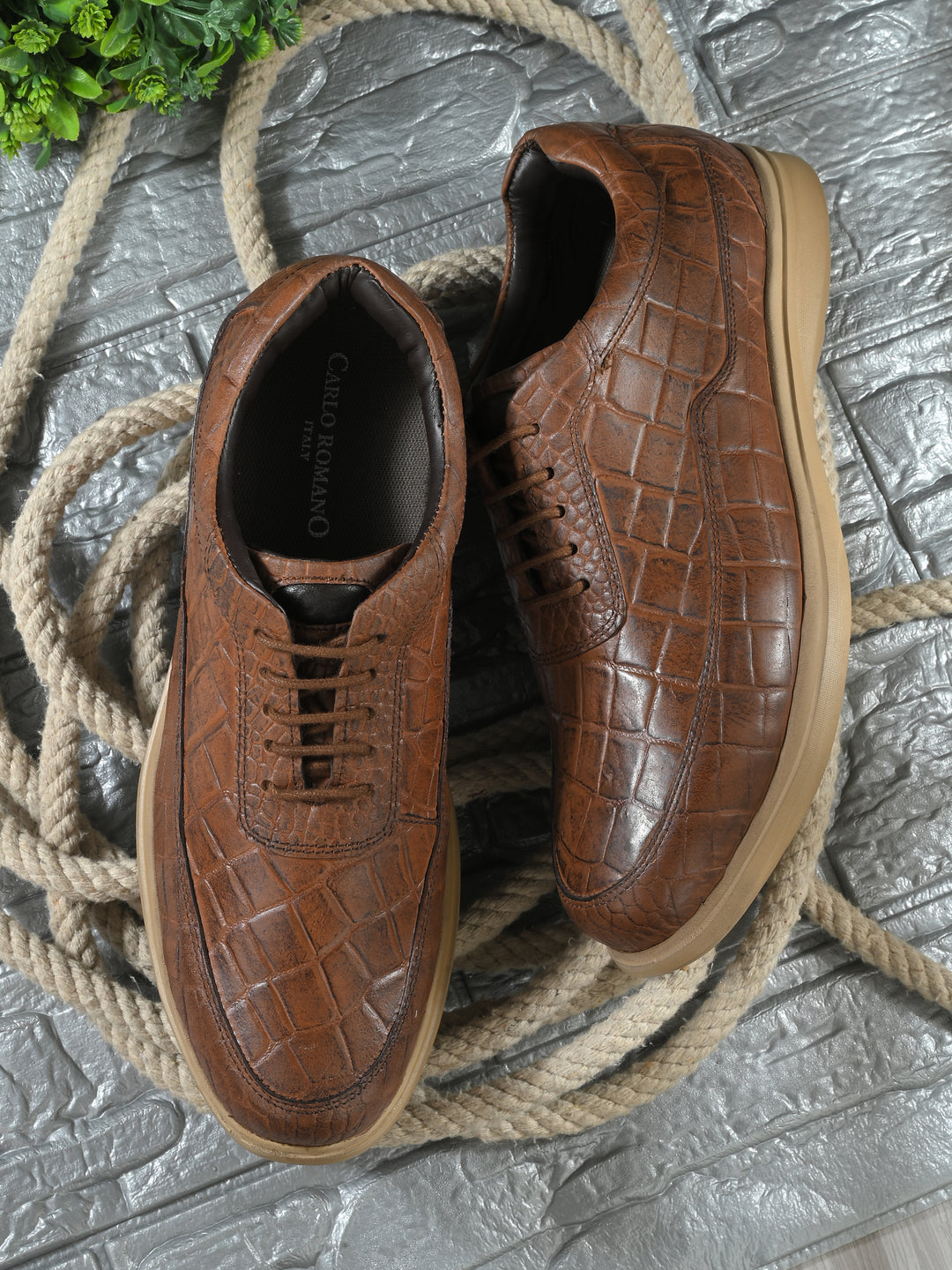 CARLO ROMANO BY WASAN TAN COLOR ITALIAN PLATE CROCO PRINT LACE UP LEATHER SHOES  FOR MEN