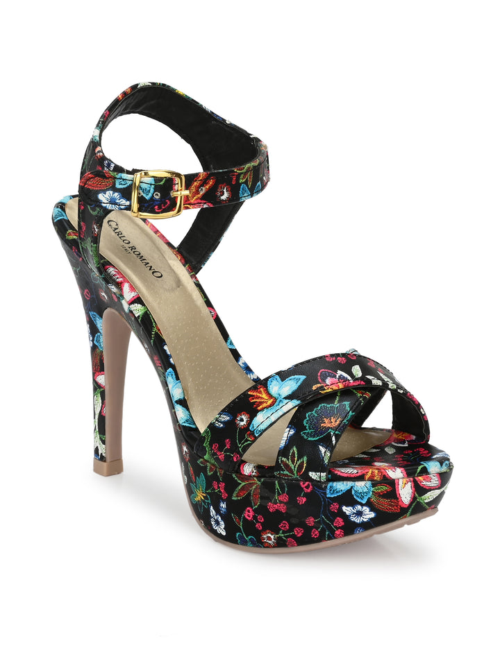 Women's  Vegan Leather Flower Print Stylish High Heel Sandal