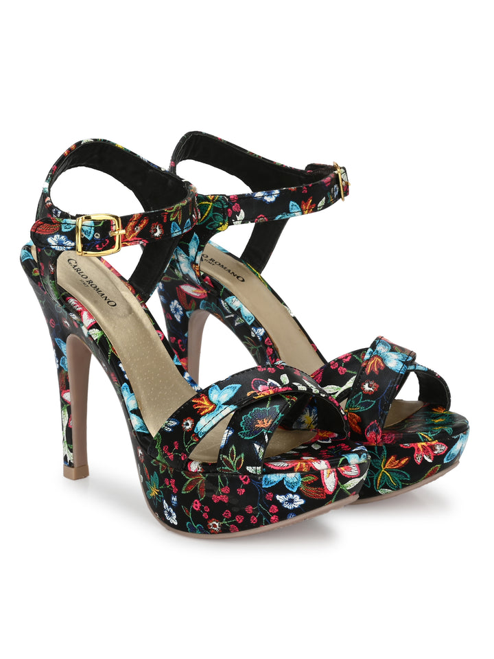 Women's  Vegan Leather Flower Print Stylish High Heel Sandal