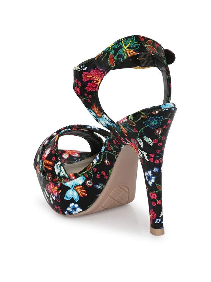Women's  Vegan Leather Flower Print Stylish High Heel Sandal