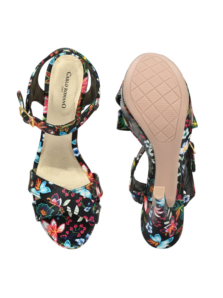 Women's  Vegan Leather Flower Print Stylish High Heel Sandal