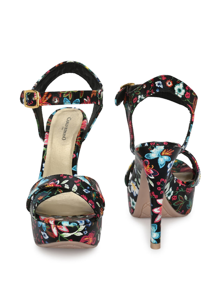 Women's  Vegan Leather Flower Print Stylish High Heel Sandal