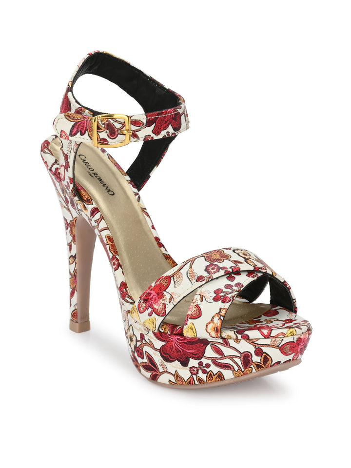 Women's  Vegan Leather Flower Print Stylish High Heel Sandal
