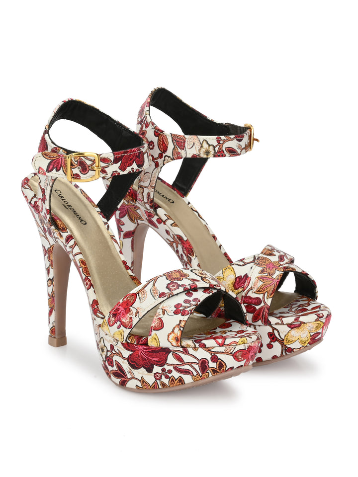 Women's  Vegan Leather Flower Print Stylish High Heel Sandal