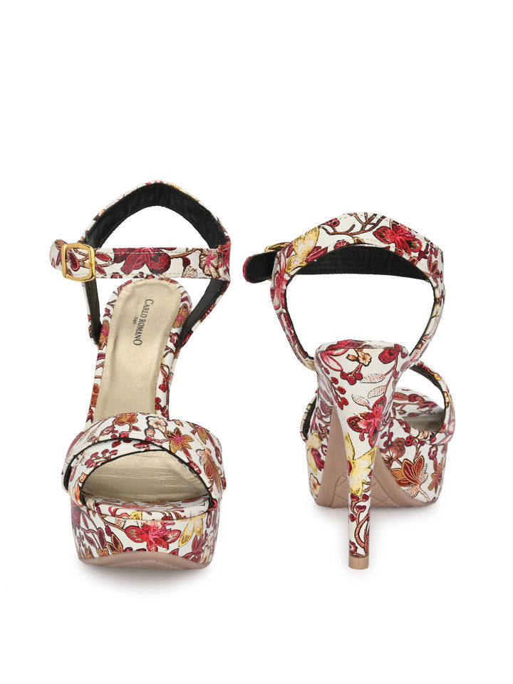 Women's  Vegan Leather Flower Print Stylish High Heel Sandal