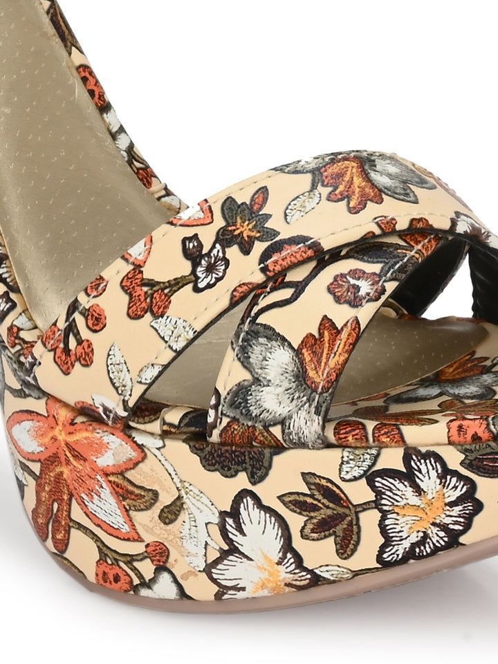 Women's  Vegan Leather Flower Print Stylish High Heel Sandal