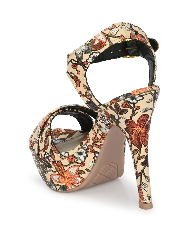 Women's  Vegan Leather Flower Print Stylish High Heel Sandal