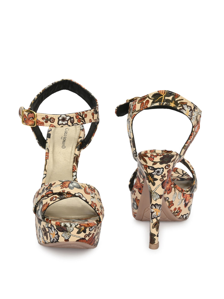Women's  Vegan Leather Flower Print Stylish High Heel Sandal