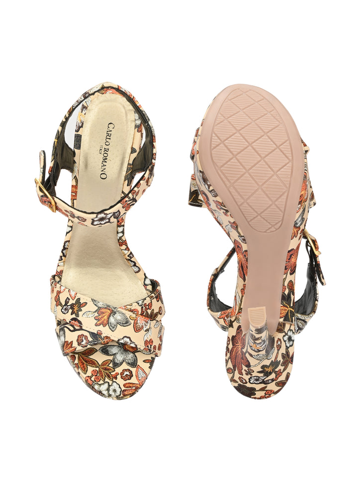 Women's  Vegan Leather Flower Print Stylish High Heel Sandal