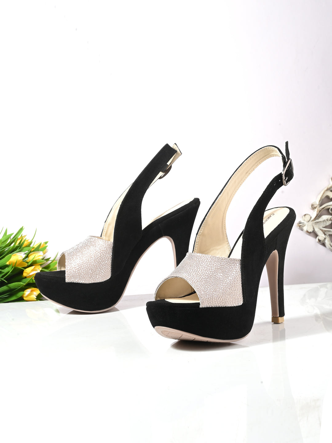 CARLO ROMANO BY WASAN BLACK SILVER COLOR LIGHT WEIGHT VERY COMFORTABLE STYLISH HIGH HEEL WOMEN'S SANDAL