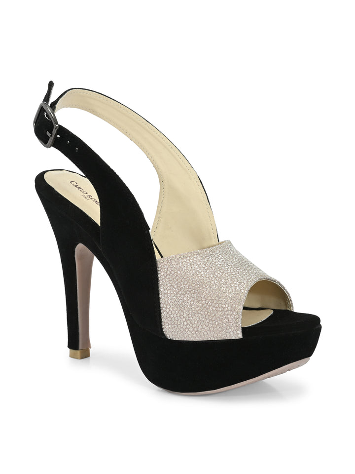 CARLO ROMANO BY WASAN BLACK SILVER COLOR LIGHT WEIGHT VERY COMFORTABLE STYLISH HIGH HEEL WOMEN'S SANDAL