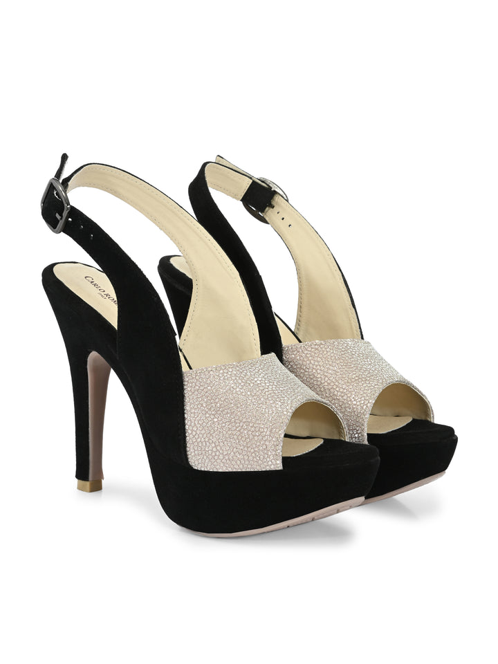 CARLO ROMANO BY WASAN BLACK SILVER COLOR LIGHT WEIGHT VERY COMFORTABLE STYLISH HIGH HEEL WOMEN'S SANDAL