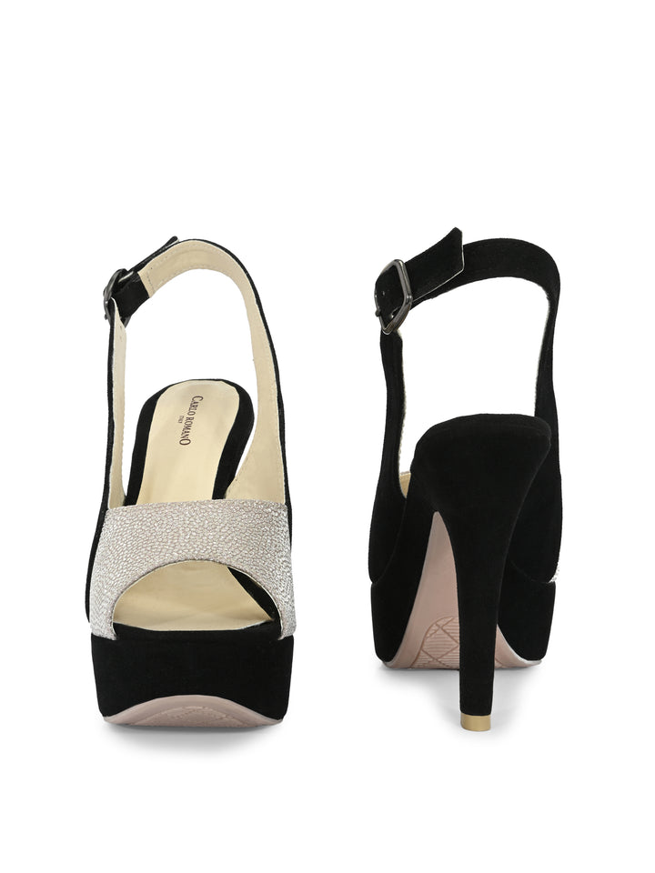 CARLO ROMANO BY WASAN BLACK SILVER COLOR LIGHT WEIGHT VERY COMFORTABLE STYLISH HIGH HEEL WOMEN'S SANDAL