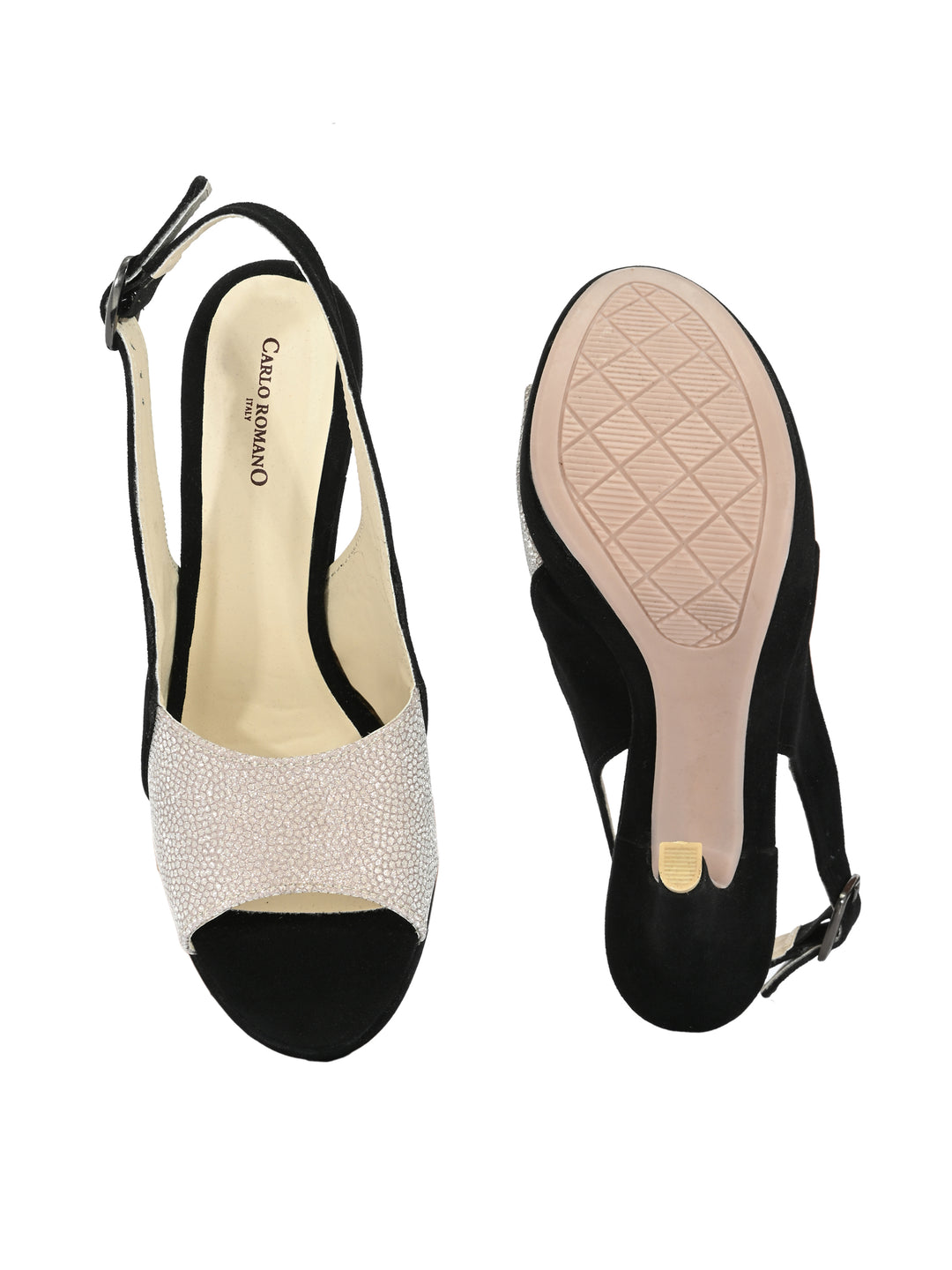 CARLO ROMANO BY WASAN BLACK SILVER COLOR LIGHT WEIGHT VERY COMFORTABLE STYLISH HIGH HEEL WOMEN'S SANDAL