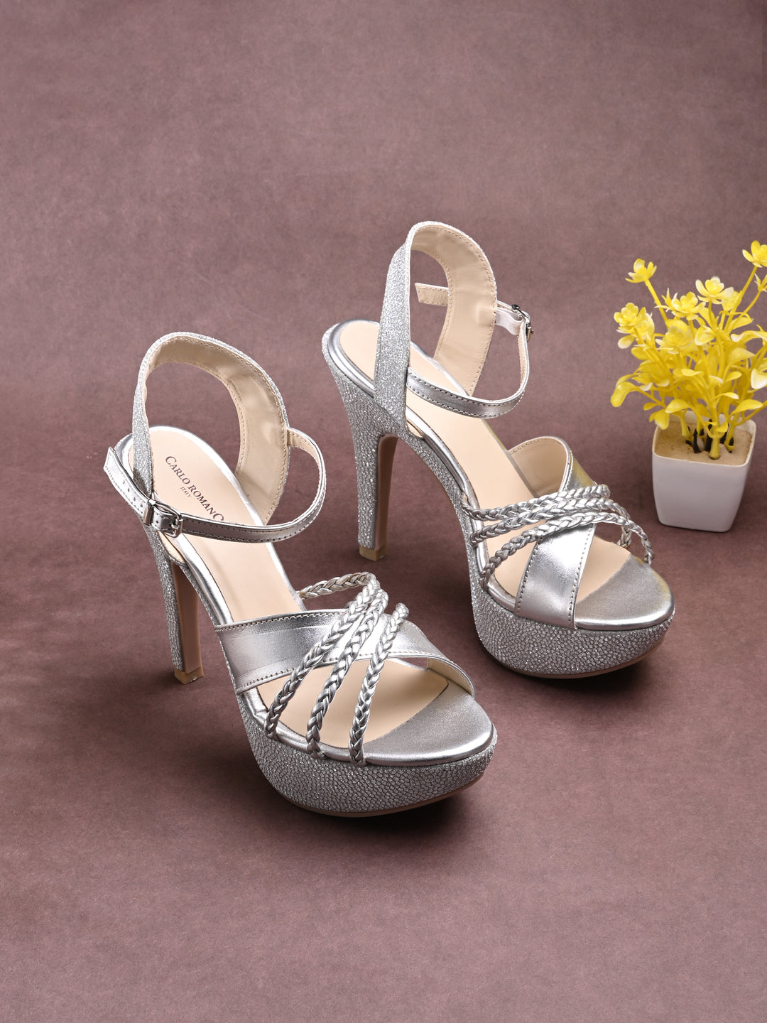 CARLO ROMANO BY WASAN SILVER COLOR LIGHT WEIGHT VERY COMFORTABLE STYLISH HIGH HEEL WOMEN'S SANDAL