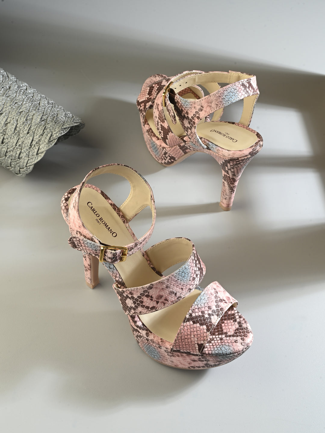 CARLO ROMANO BY WASAN PINK MULTI COLOR VEGAN LEATHER SNAKE PRINTED LIGHT WEIGHT VERY COMFORTABLE STYLISH HIGH HEEL WOMEN'S SANDAL