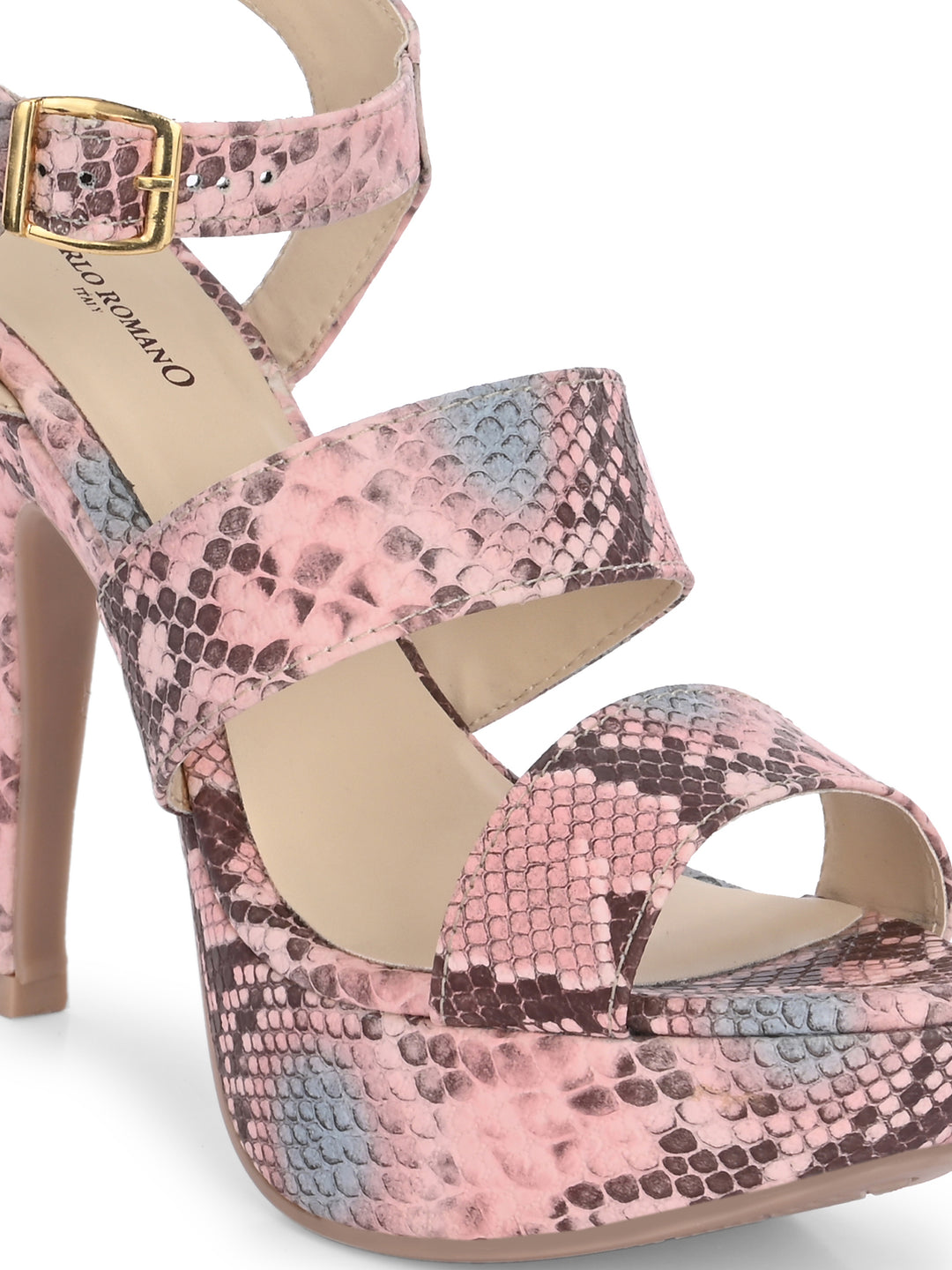 CARLO ROMANO BY WASAN PINK MULTI COLOR VEGAN LEATHER SNAKE PRINTED LIGHT WEIGHT VERY COMFORTABLE STYLISH HIGH HEEL WOMEN'S SANDAL