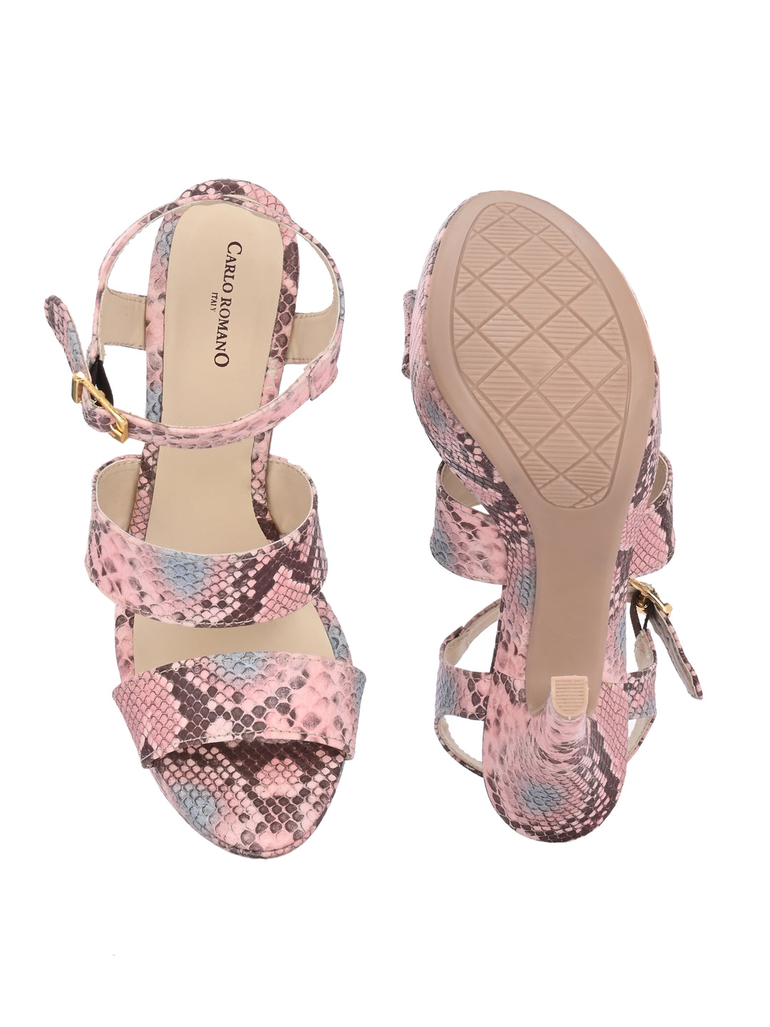 CARLO ROMANO BY WASAN PINK MULTI COLOR VEGAN LEATHER SNAKE PRINTED LIGHT WEIGHT VERY COMFORTABLE STYLISH HIGH HEEL WOMEN'S SANDAL
