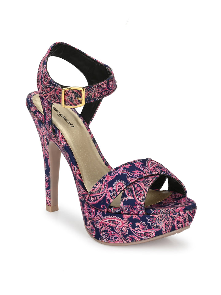 Women's  Vegan Leather Flower Print Stylish High Heel Sandal