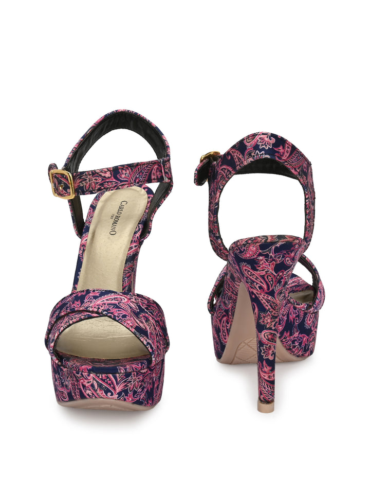 Women's  Vegan Leather Flower Print Stylish High Heel Sandal